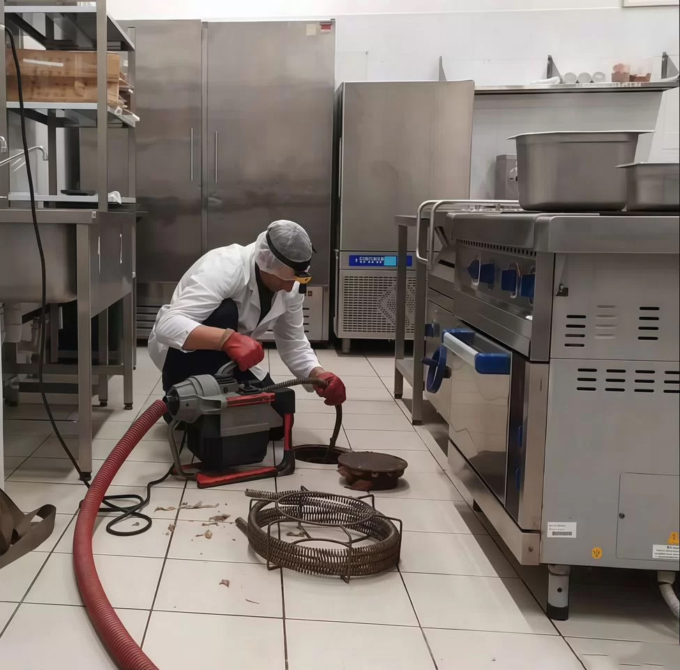 Мастер с инструментом для электромеханической прочистки канализации